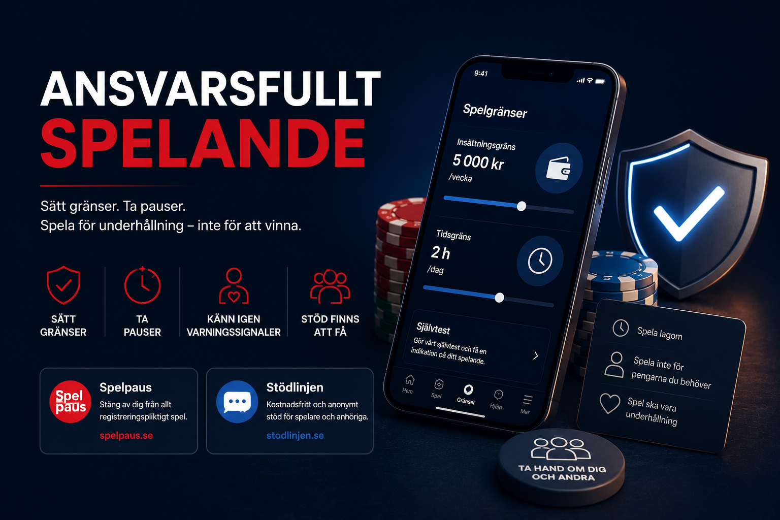 Ansvarsfullt spelande med spelgränser, Spelpaus och Stödlinjen